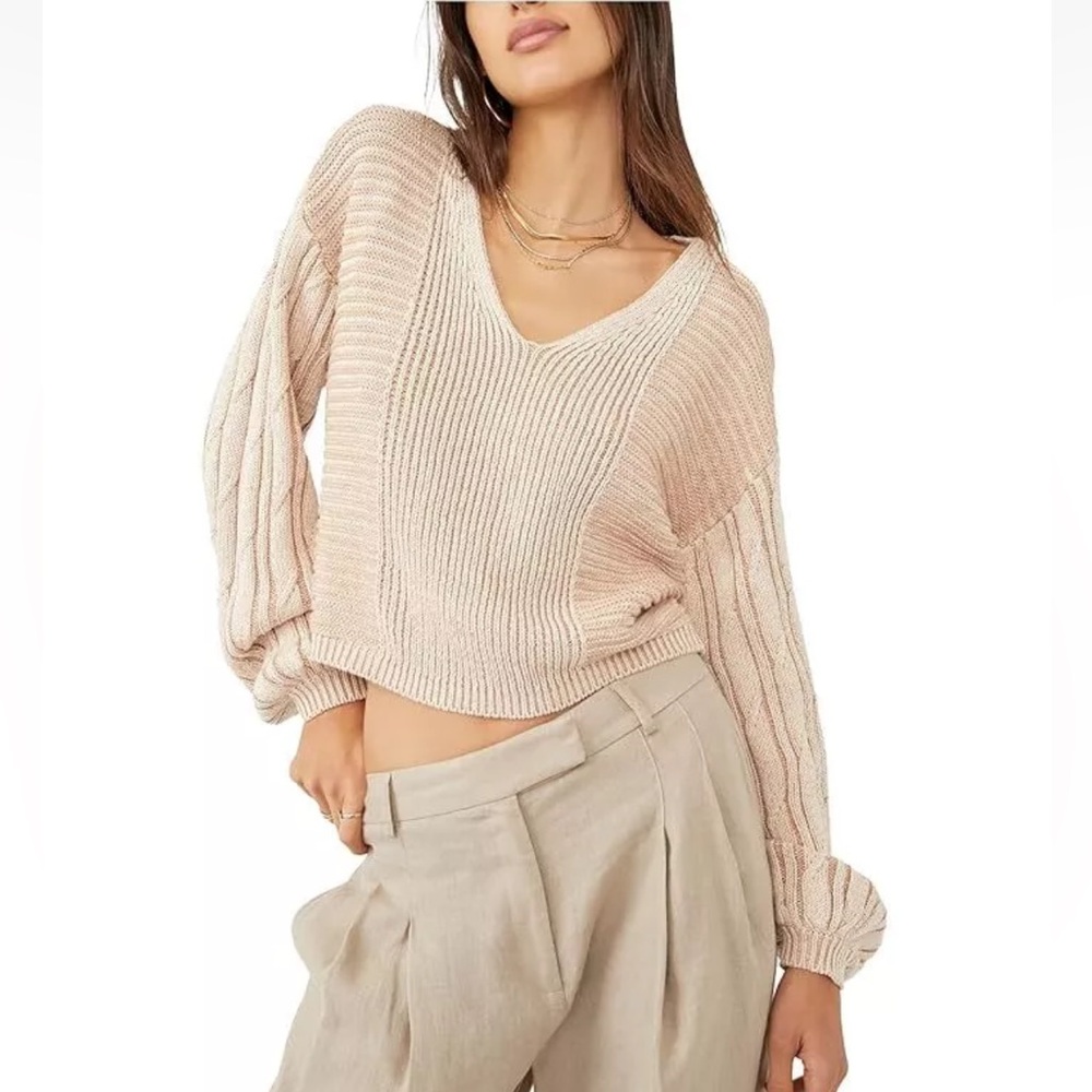 NWT! Free People Sweater When It Rains Toast V Neck XS Tan